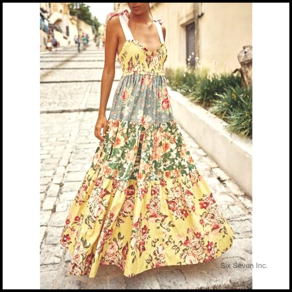 Polyester Floral Maxi Dress Smocked Bodice Tie Shoulder Pockets Boho - Picture 5 of 6